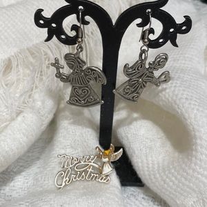 Stainless Steel Angel pierced dangle earrings and Merry Christmas brooch pin EUC